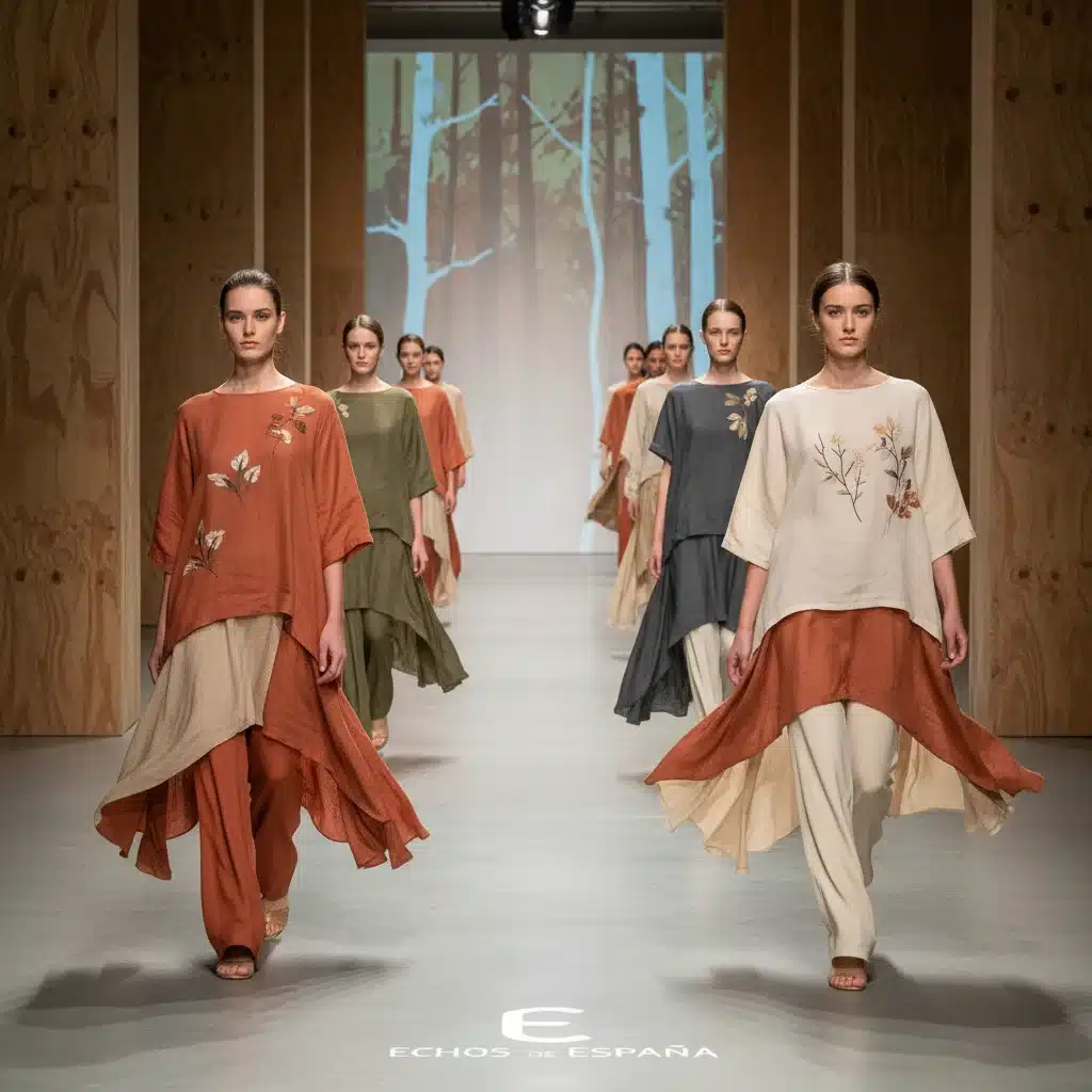 Colección de moda sostenible española en pasarela, destacando tejidos ecológicos y diseño innovador.