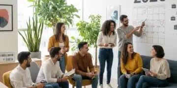 Profesionales españoles relajados en una oficina moderna, simbolizando la desconexión laboral y el equilibrio vida-trabajo en 2026.