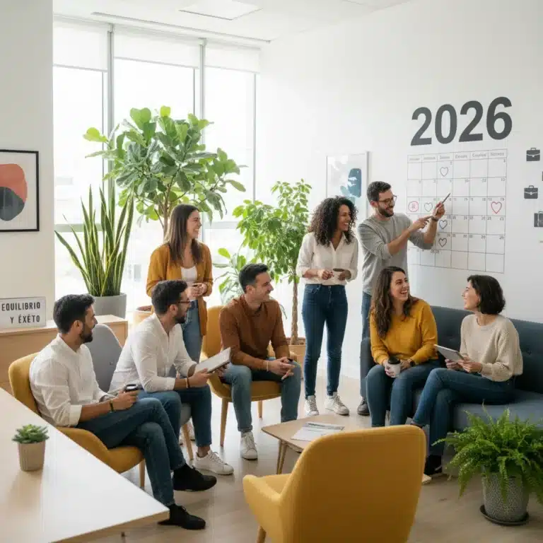 Profesionales españoles relajados en una oficina moderna, simbolizando la desconexión laboral y el equilibrio vida-trabajo en 2026.