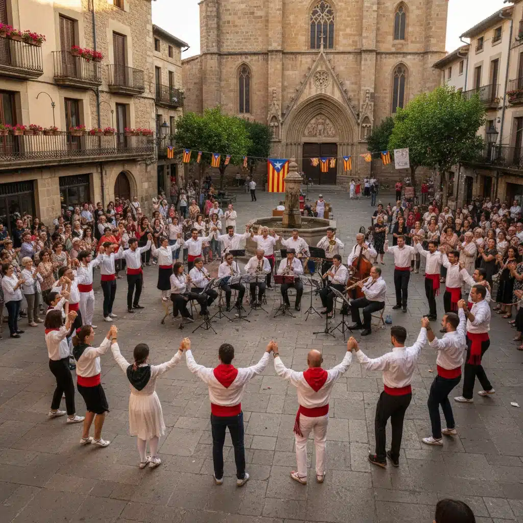 Personas bailando sardana en círculo en una plaza catalana, con músicos de cobla.