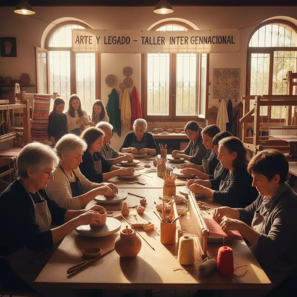 Artesanos mayores enseñando oficios tradicionales a jóvenes en un taller comunitario.