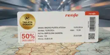 Tarjeta Dorada Renfe 2026 en un billete de tren con descuentos