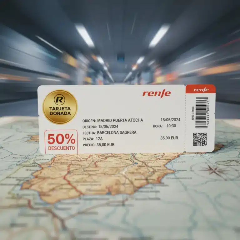 Tarjeta Dorada Renfe 2026 en un billete de tren con descuentos