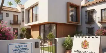 Vivienda vacacional moderna en España con señal de alquiler y documentos, simbolizando las nuevas regulaciones de 2026.