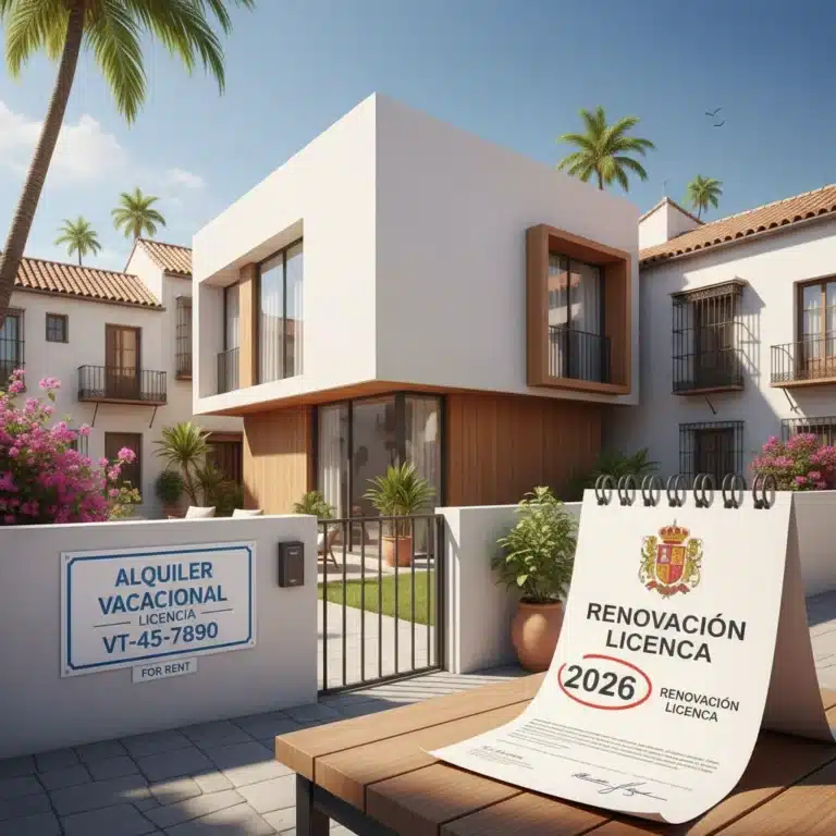 Vivienda vacacional moderna en España con señal de alquiler y documentos, simbolizando las nuevas regulaciones de 2026.