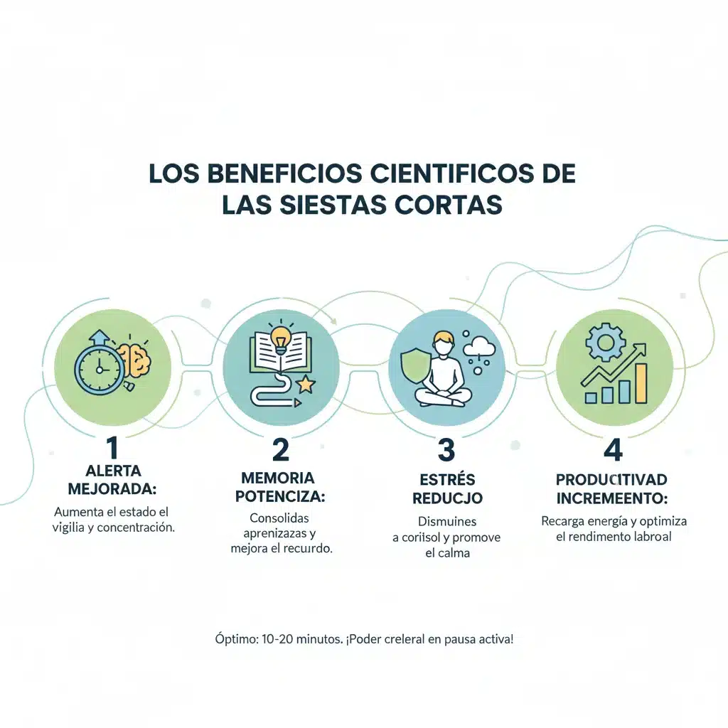 Infografía detallada sobre los beneficios científicos de una siesta corta: mejora la alerta, memoria y reduce el estrés.
