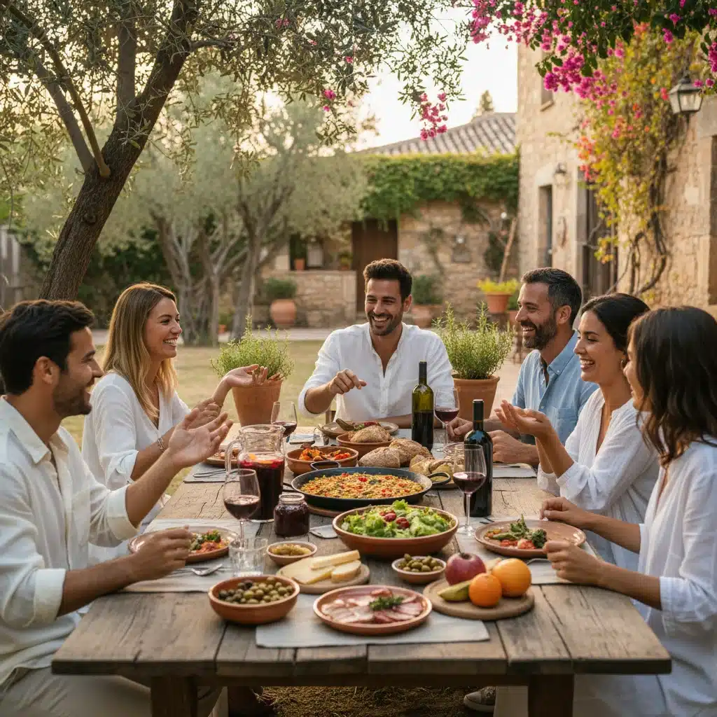 Amigos disfrutando comida casera al aire libre, alimentación consciente