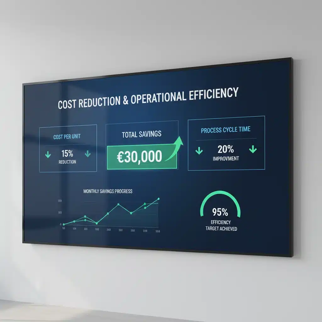 Panel de control con indicadores de rendimiento que muestran un ahorro de 30.000€ gracias a RPA