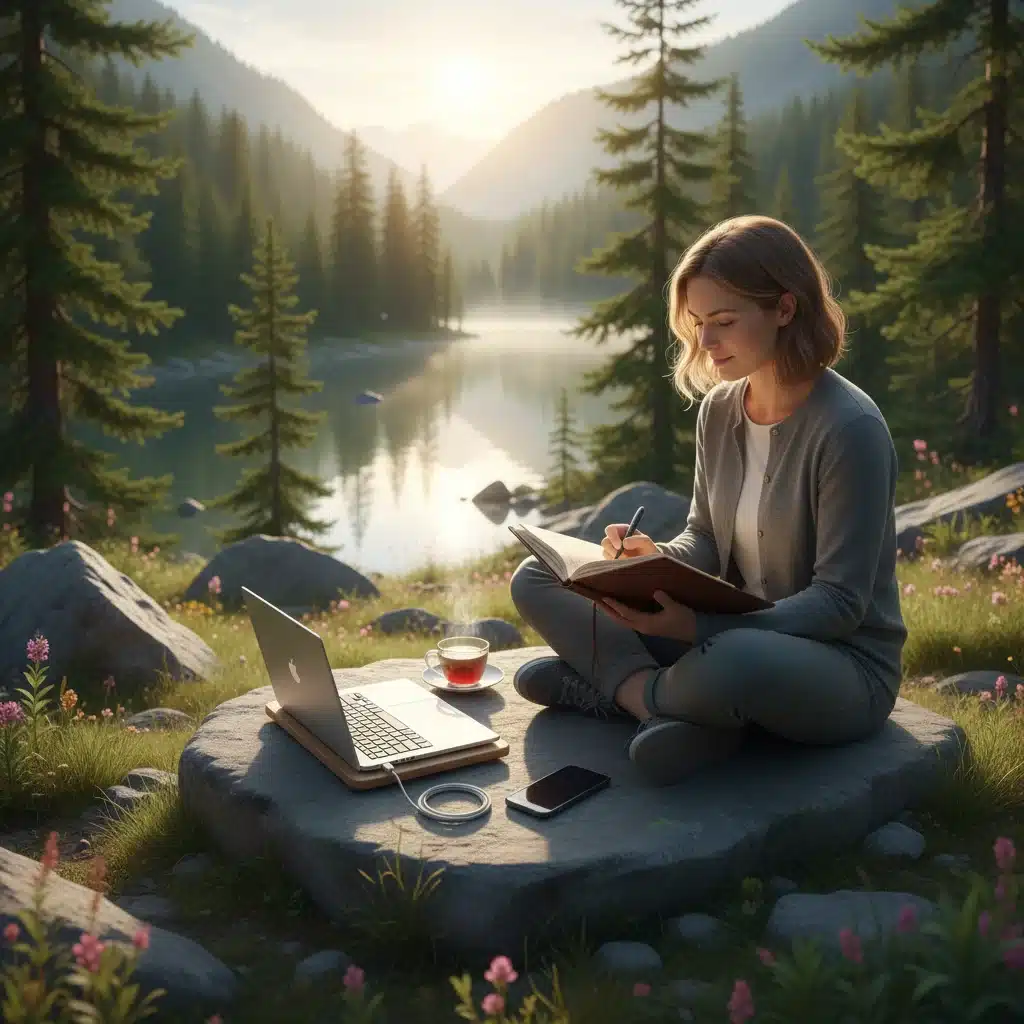 Persona escribiendo en un diario en la naturaleza, con un portátil cerrado, ilustrando el equilibrio digital.
