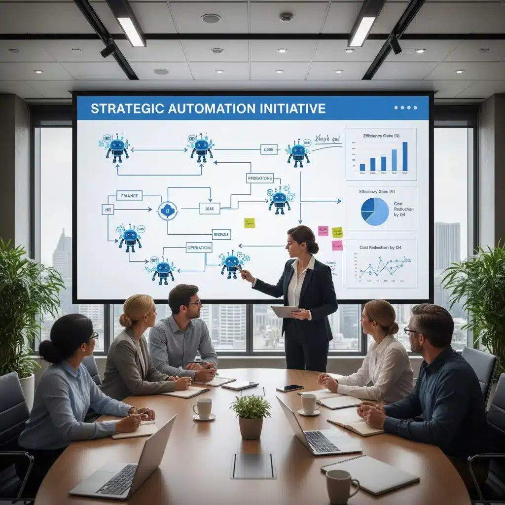 Equipo de profesionales colaborando en la implementación estratégica de RPA en una empresa