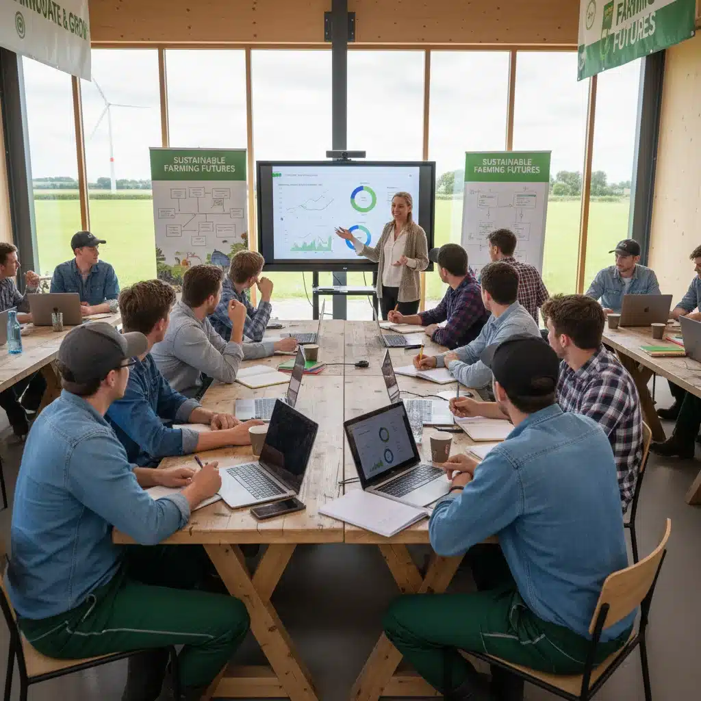 Jóvenes agricultores formándose en nuevas técnicas agrícolas y gestión empresarial en un taller.