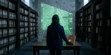 Una persona silueteada en un archivo histórico, donde un láser verde proyecta texto digitalizado de manuscritos antiguos sobre una pared de piedra. Contraste entre tecnología y patrimonio cultural español.