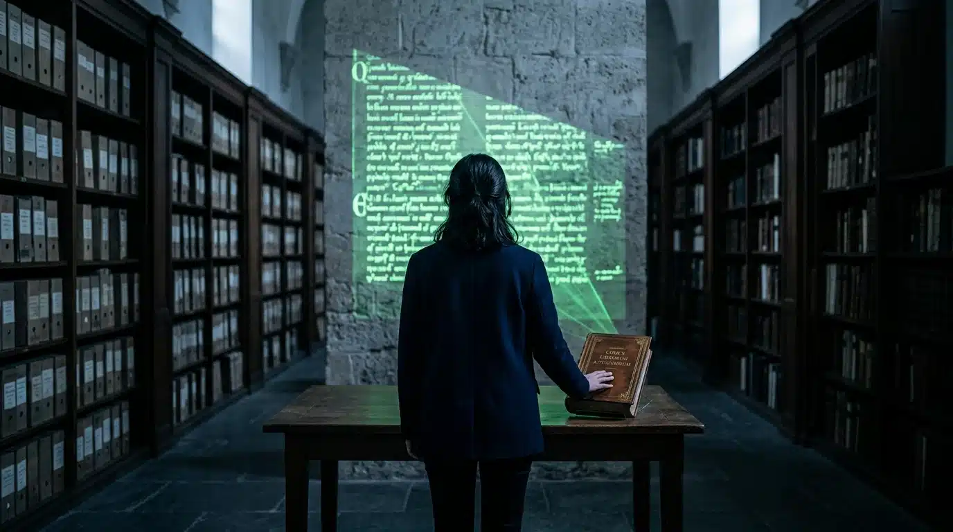 Una persona silueteada en un archivo histórico, donde un láser verde proyecta texto digitalizado de manuscritos antiguos sobre una pared de piedra. Contraste entre tecnología y patrimonio cultural español.