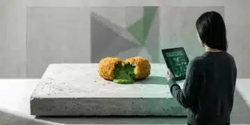Una persona en un estudio moderno, con una croqueta deconstruida y una tableta mostrando una receta digital, simbolizando la fusión de tradición culinaria española y tecnología de vanguardia.