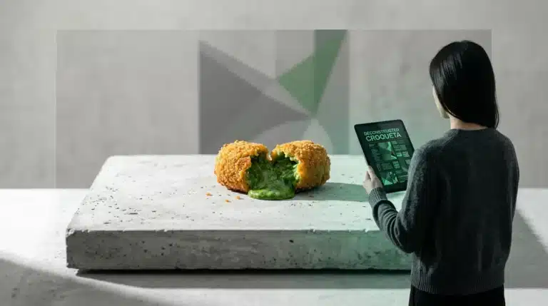 Una persona en un estudio moderno, con una croqueta deconstruida y una tableta mostrando una receta digital, simbolizando la fusión de tradición culinaria española y tecnología de vanguardia.