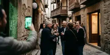Fotografía documental de alto contraste de una calle empedrada española durante una fiesta local, con personas riendo bajo farolillos y un teléfono brillando con luz verde sobre una pared de piedra antigua.