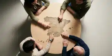 Vista cenital de personas interactuando con una mesa mapa de España, mostrando la diversidad cultural regional con luz dramática.