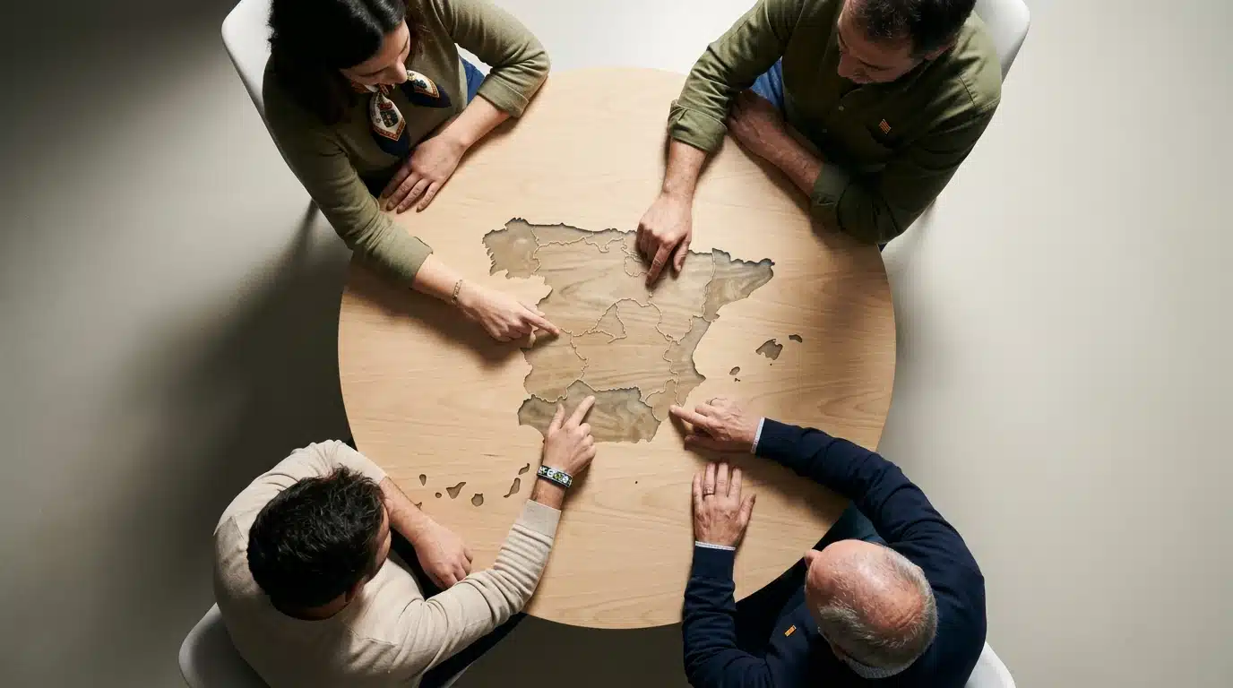 Vista cenital de personas interactuando con una mesa mapa de España, mostrando la diversidad cultural regional con luz dramática.