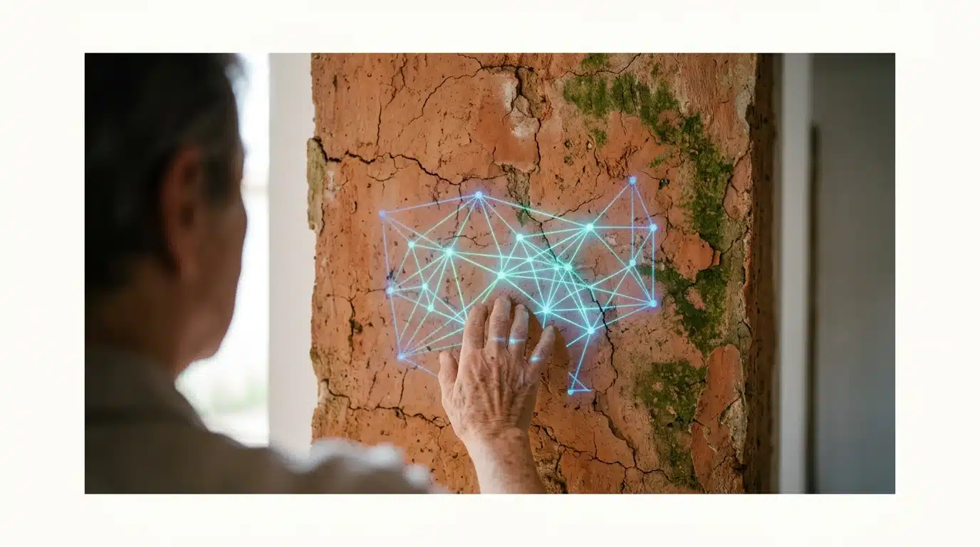 Una mano de persona mayor interactuando con una proyección digital en una pared antigua, simbolizando la brecha digital en España.