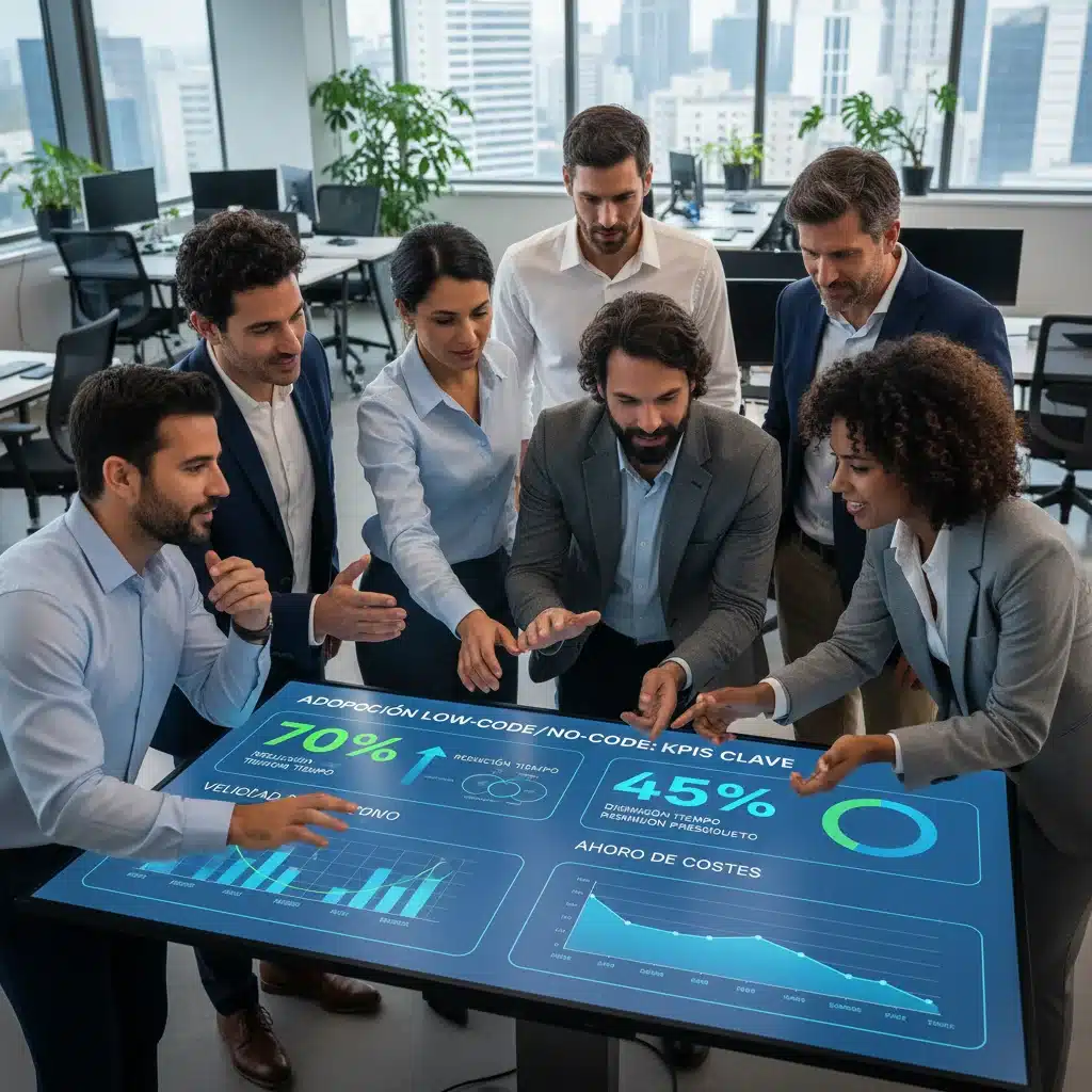 Líderes empresariales analizando el impacto de Low-Code/No-Code en la eficiencia y los costes de desarrollo.