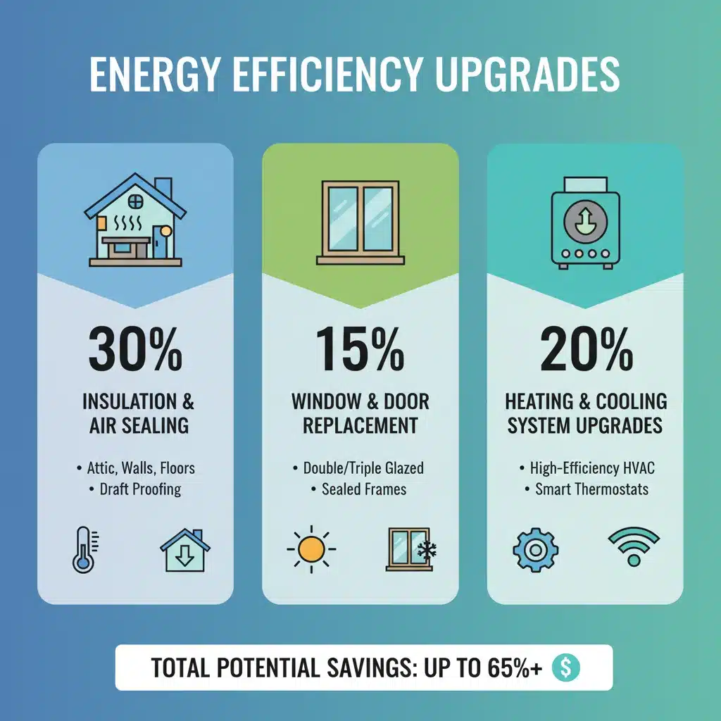 Infografía detallando mejoras comunes de eficiencia energética en viviendas y sus beneficios.