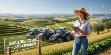 Joven agricultor sonriente en un campo moderno, simbolizando el futuro del sector rural en España y las oportunidades de las ayudas.