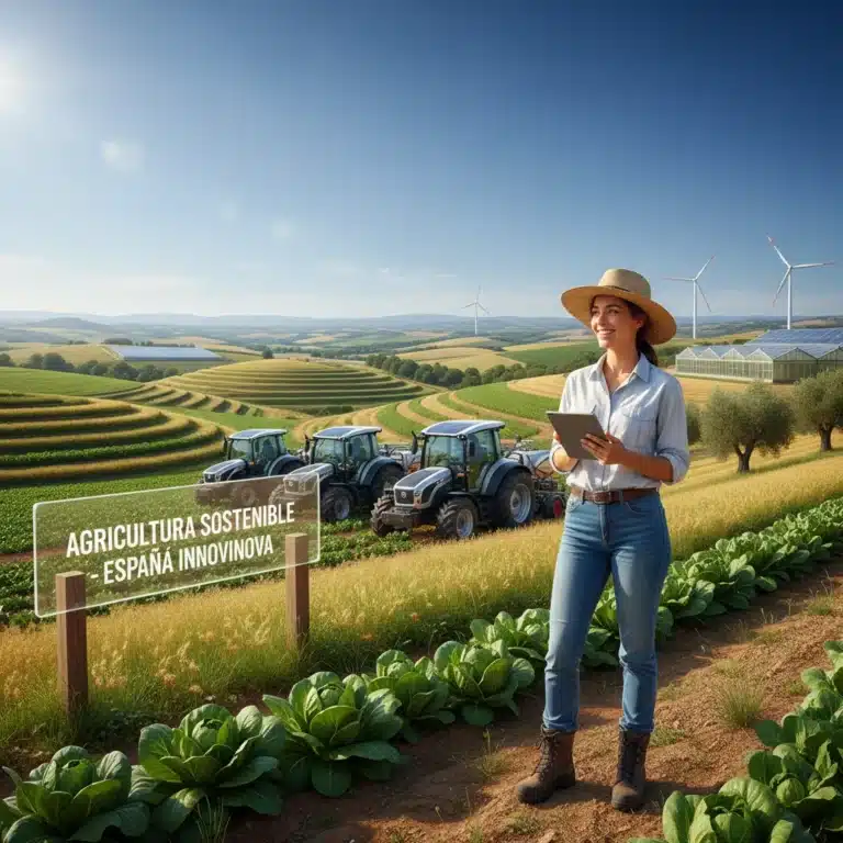 Joven agricultor sonriente en un campo moderno, simbolizando el futuro del sector rural en España y las oportunidades de las ayudas.