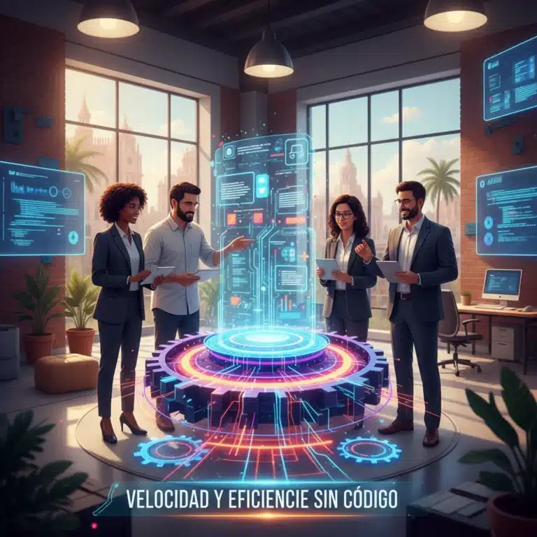 Profesionales colaborando con herramientas Low-Code/No-Code para acelerar el desarrollo de aplicaciones en España.