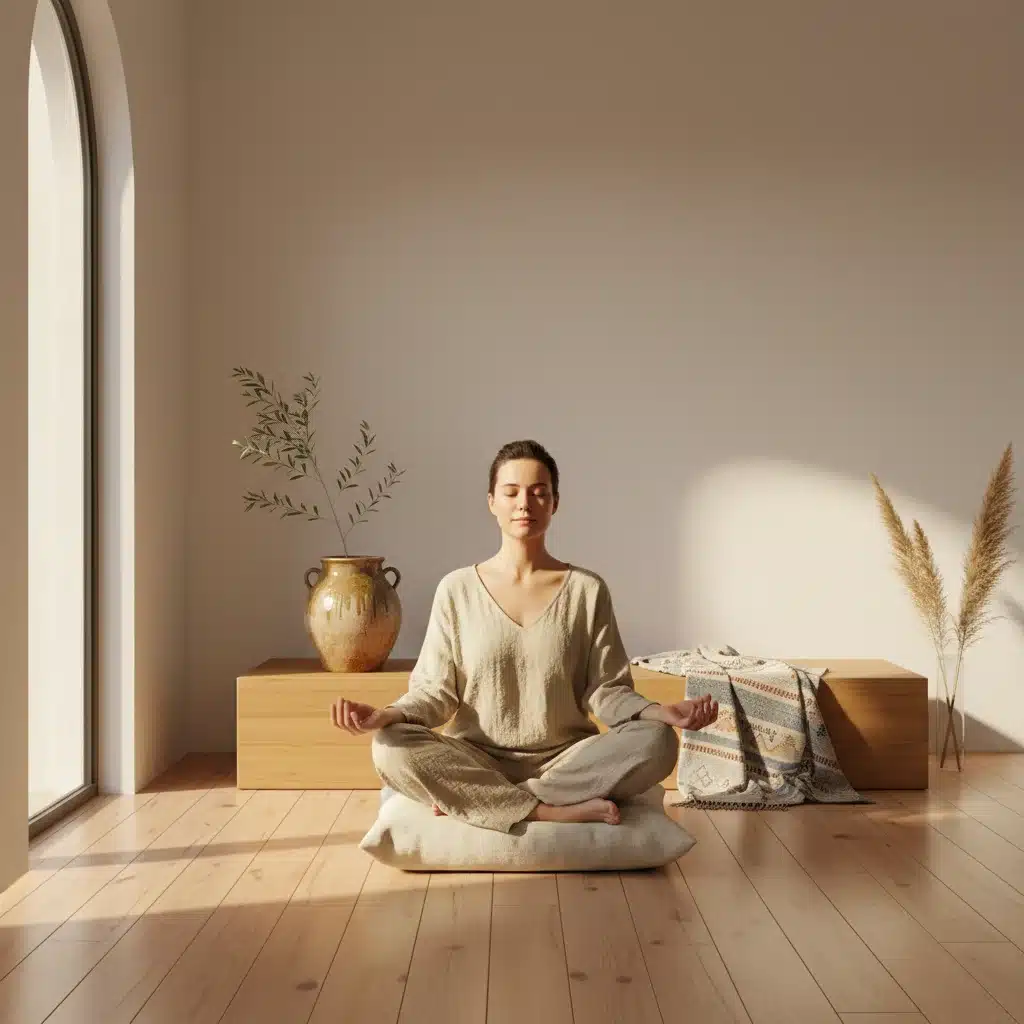 Persona meditando en casa minimalista, práctica de mindfulness