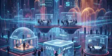 Metaverso empresarial: un paisaje digital vibrante con avatares interactuando en espacios de negocio virtuales.
