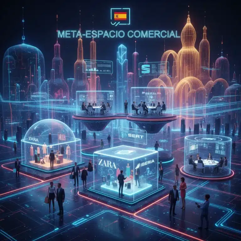 Metaverso empresarial: un paisaje digital vibrante con avatares interactuando en espacios de negocio virtuales.