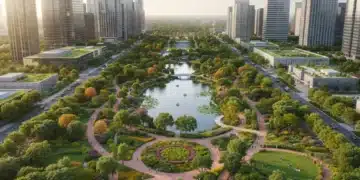 Parque urbano vibrante integrado en la ciudad, con personas disfrutando de la naturaleza y edificios modernos.
