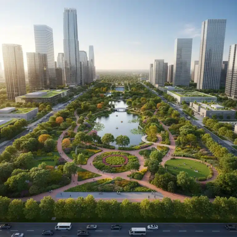 Parque urbano vibrante integrado en la ciudad, con personas disfrutando de la naturaleza y edificios modernos.