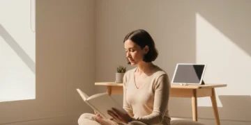 Persona leyendo un libro en un entorno minimalista, simbolizando el minimalismo digital y el bienestar.