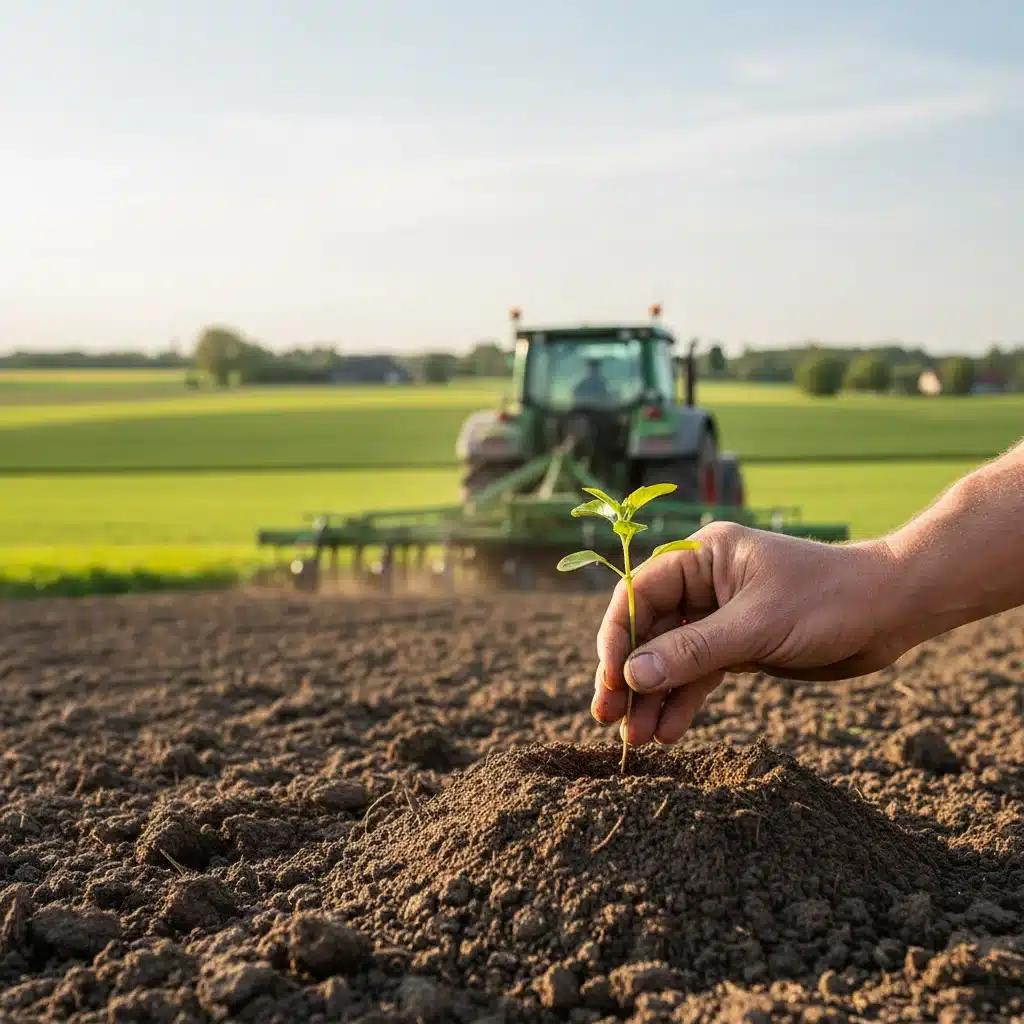 Mano plantando un brote en tierra fértil, representando el inicio y crecimiento de un proyecto agrícola.