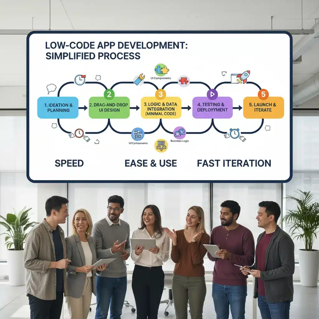 Diagrama de flujo simplificado del proceso de desarrollo Low-Code, destacando la agilidad y facilidad.