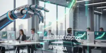 Brazo robótico automatizando tareas financieras en una oficina española, simbolizando ahorro y eficiencia