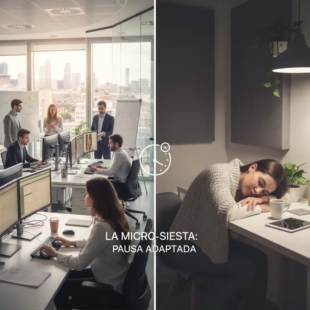 Contrastes de la vida moderna española: oficina bulliciosa y un breve descanso, reflejando la evolución de la siesta.