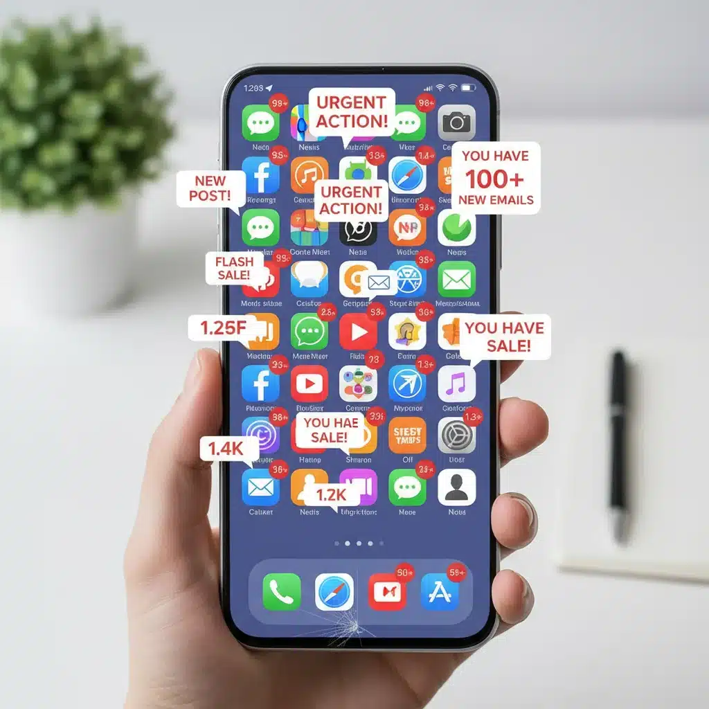 Pantalla de smartphone con múltiples notificaciones, representando la sobrecarga digital.