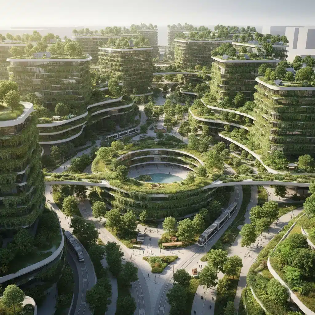 Proyecto de urbanismo innovador con techos verdes y jardines verticales en un entorno urbano denso.