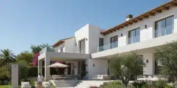 Moderna vivienda en España con piscina y jardín, reflejando el sueño de comprar casa.