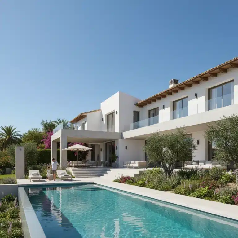 Moderna vivienda en España con piscina y jardín, reflejando el sueño de comprar casa.