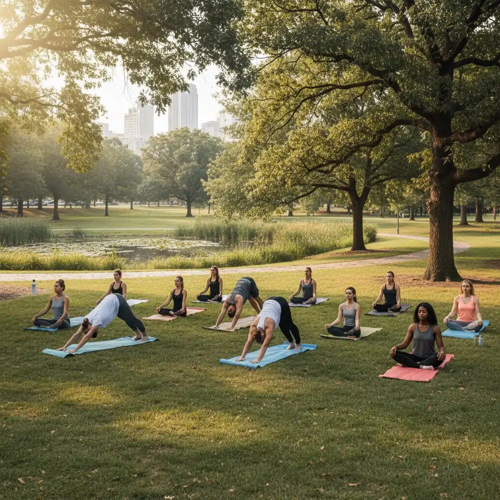 Jóvenes practicando yoga en un parque urbano rodeados de árboles, promoviendo el bienestar mental.