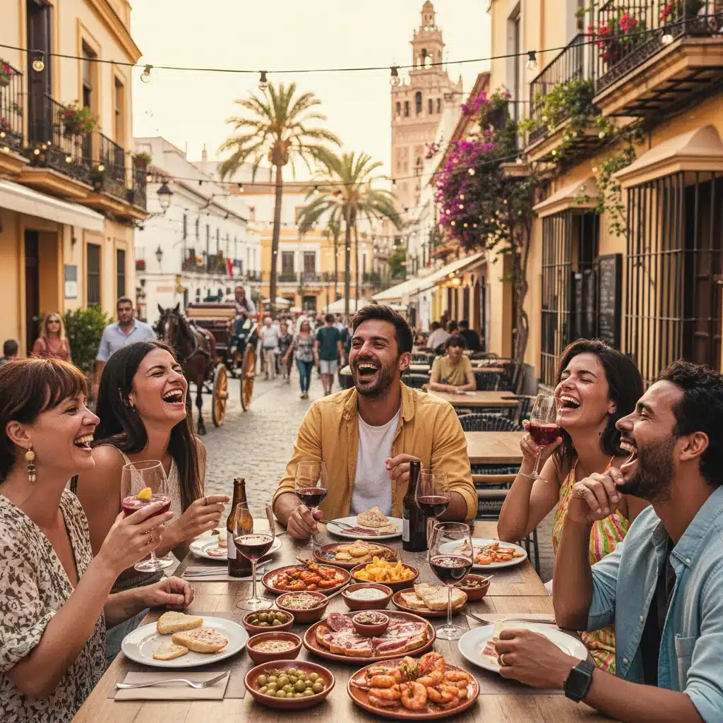 Grupo de amigos disfrutando de tapas en una terraza urbana española, experiencia social.