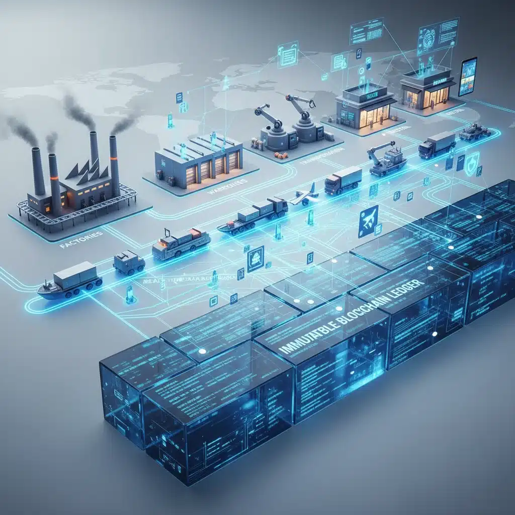 Diagrama de cadena de suministro con nodos interconectados por blockchain y flujo de datos en tiempo real
