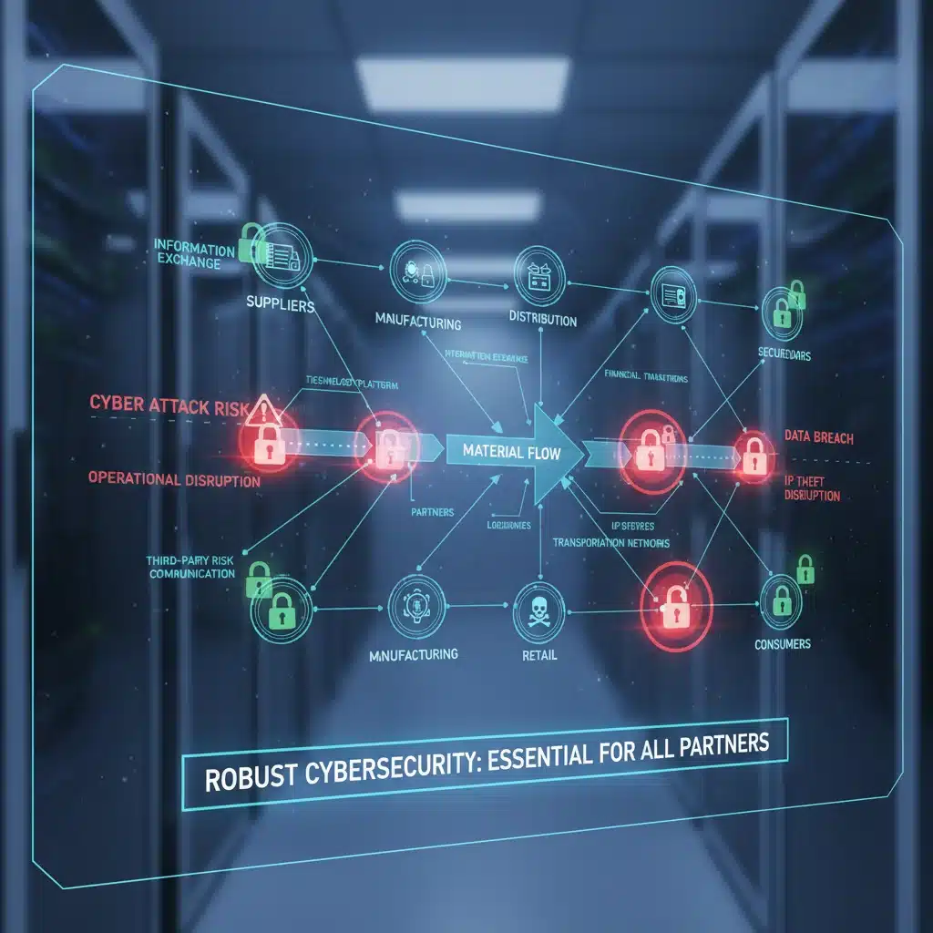 Diagrama de cadena de suministro mostrando puntos vulnerables a ataques de ciberseguridad.