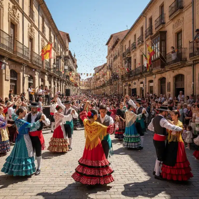 Gente celebrando una festividad española auténtica con trajes tradicionales en una calle histórica.