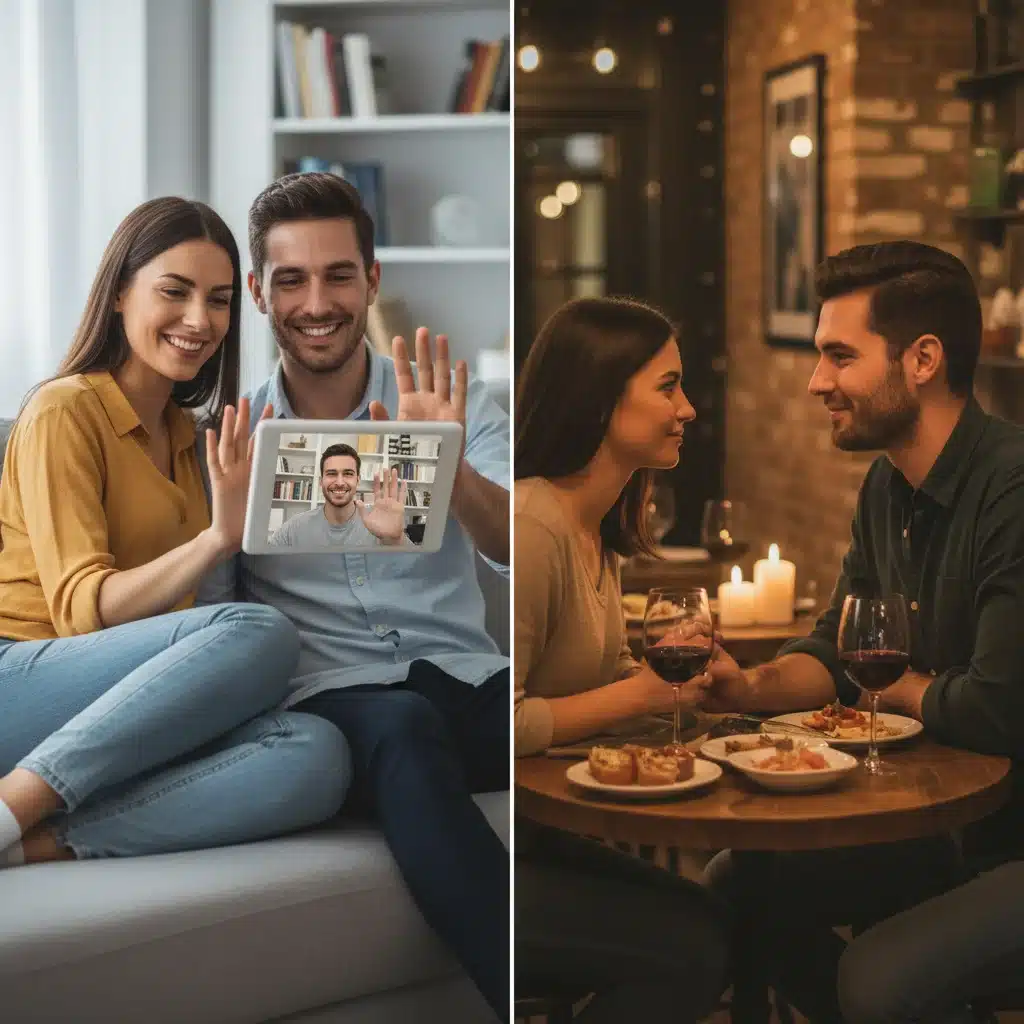 Pareja comunicándose a través de videollamada y en persona, simbolizando el equilibrio entre lo digital y lo real en las relaciones.