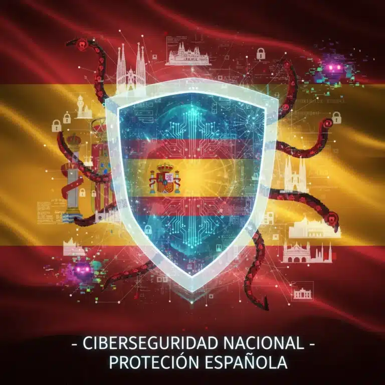 Escudo digital protegiendo empresas españolas de amenazas de ciberseguridad avanzada en 2026.