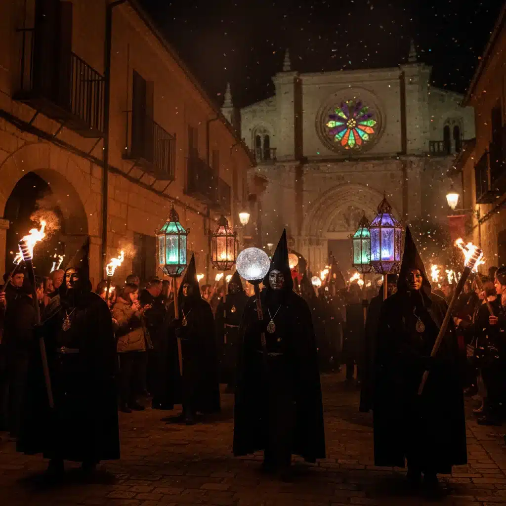 Escena nocturna de una festividad española con luces y antorchas, creando un ambiente místico.